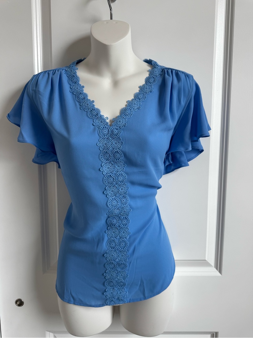 Counterparts Cornflower Blue V-Neck Blouse with Lace Trim